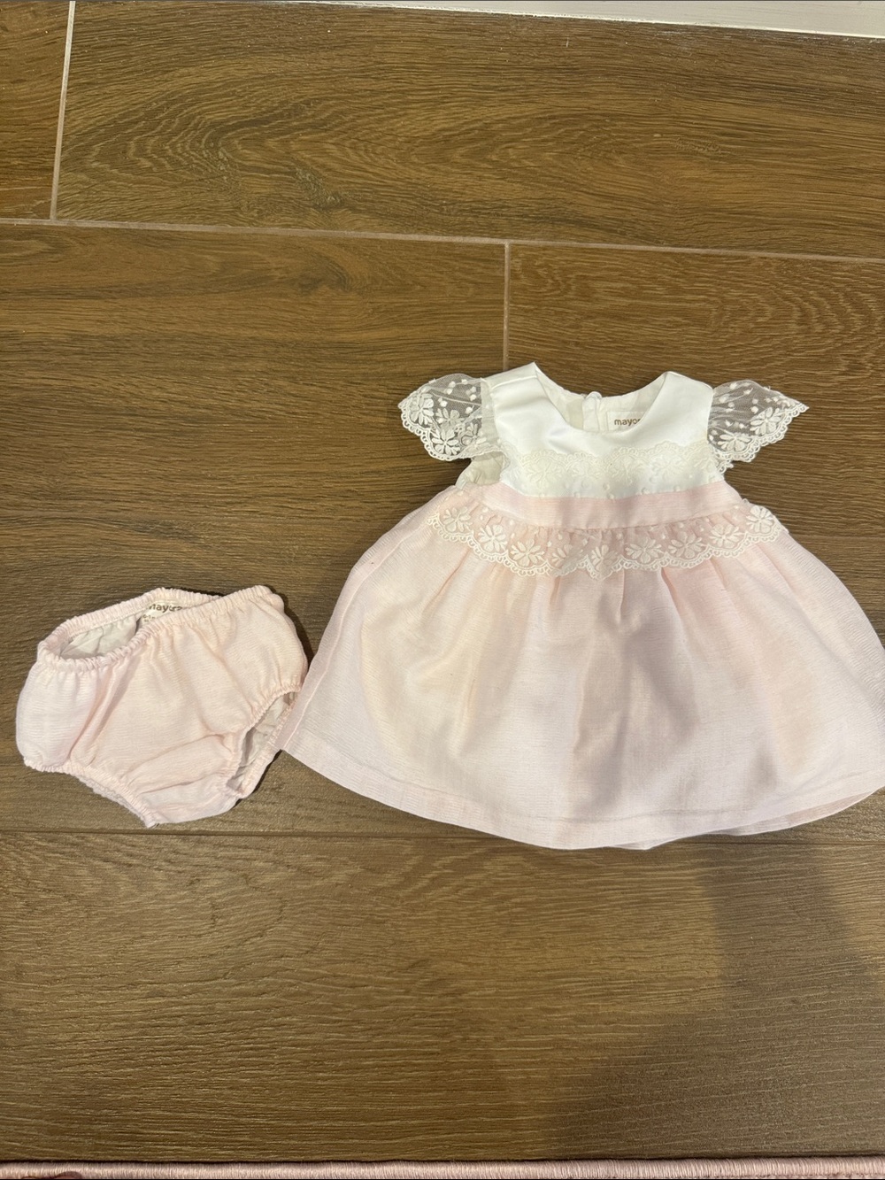 Mayoral White and Light Pink Lace Trim Formal Baby Dress with Bloomers